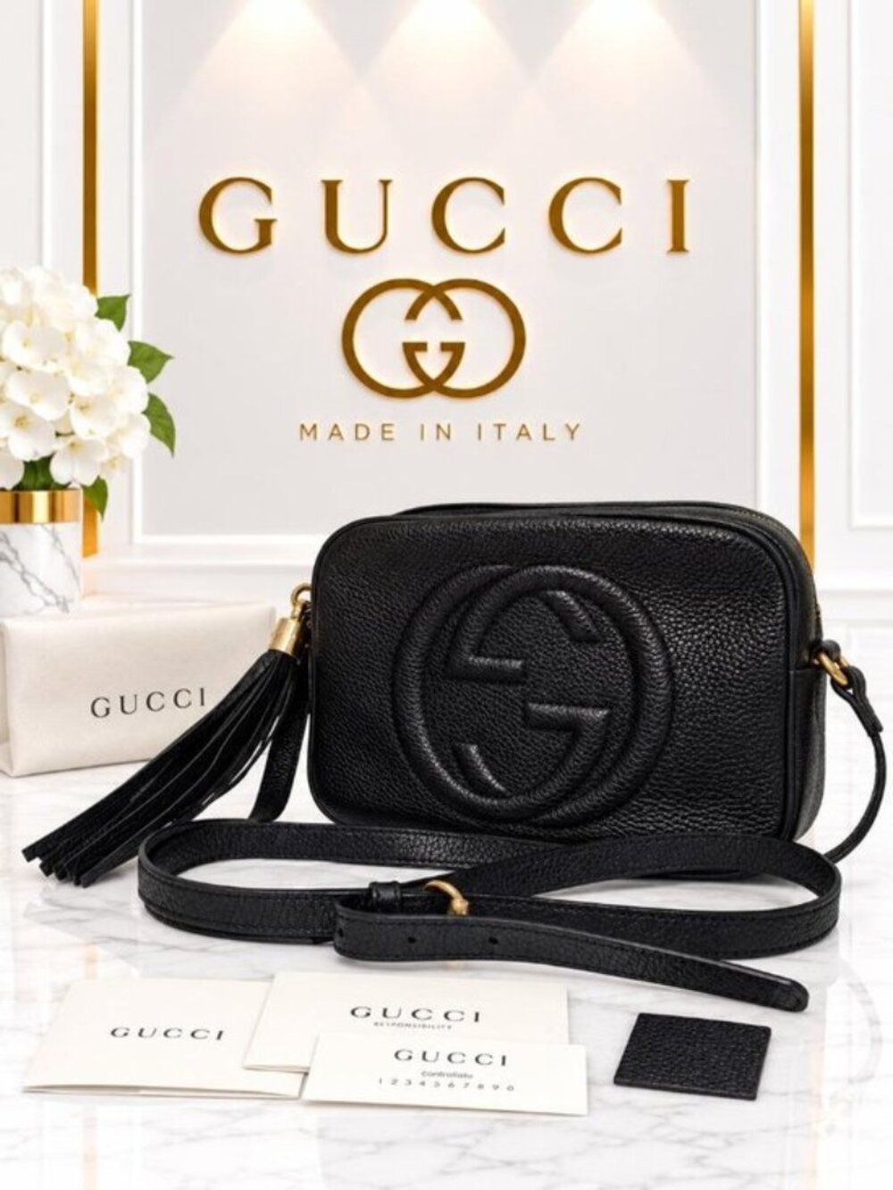 Authentic Gucci Soho Disco Black Leather Crossbody Bag Tassel GG Logo Luxury